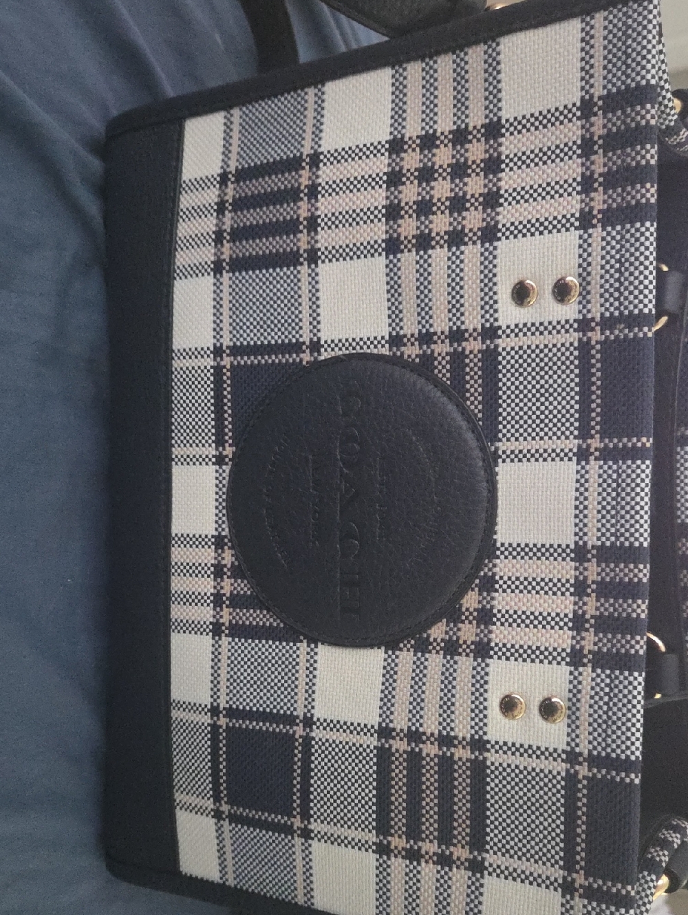 Coach Navy and White Plaid Canvas Purse with Leather Trim